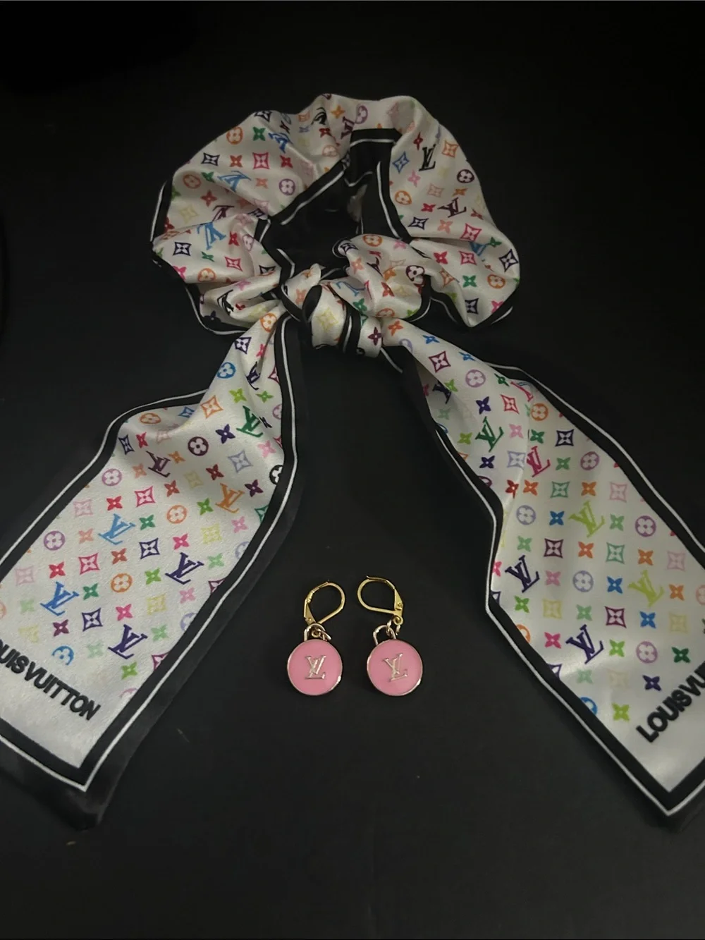 Multicolor Monogram Silk Bow Scrunchie with Pink LV Charm Earrings